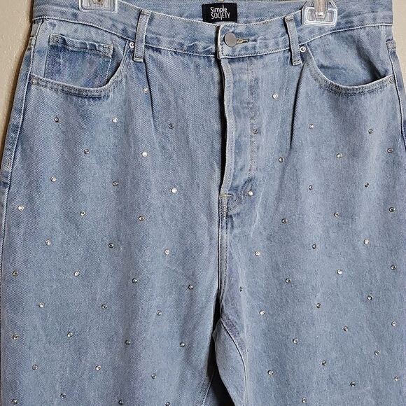 Simple Society AB Rhinestone Studded High Rise Button Fly Straight Denim Jean 31 - Picture 2 of 12